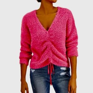 Fluffy, eyelash-style rib knit; ruched with drawstrings at front hem.